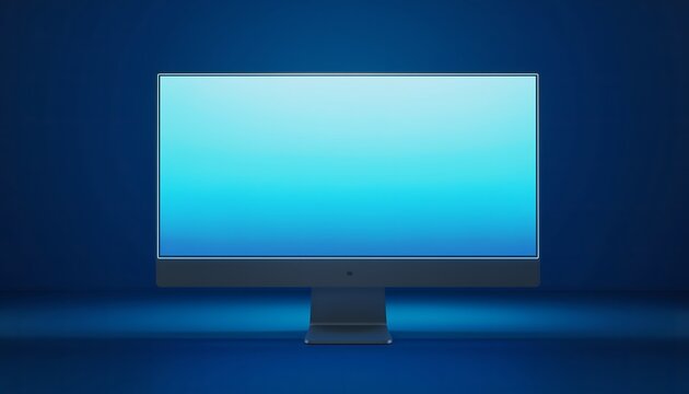 Modern desktop computer monitor with a blank blue gradient screen on a blue background