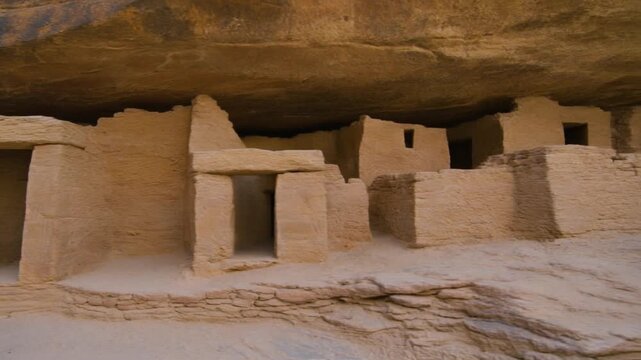 Ancient mesa verde cliff dwelling ruins under rock overhang