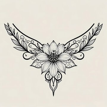 Symmetrical Underbust Lily Flower Line Art Tattoo Vector