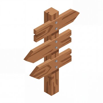 Isometric wooden signpost with directional arrows