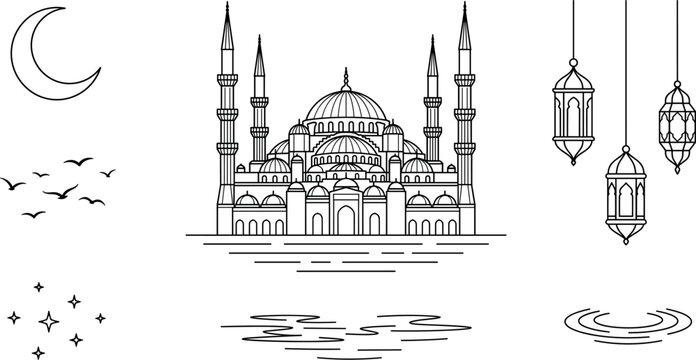 Islamic mosque blue mosque istanbul architecture vector collection with crescent moon lanterns birds stars and reflection elements