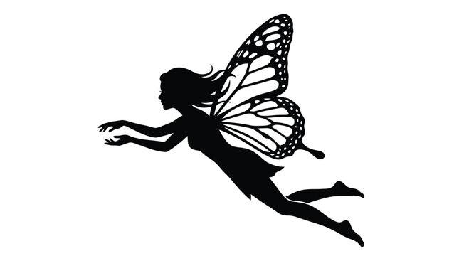 Elegant fairy silhouette illustration featuring delicate butterfly wings crafted in a bold clean black vector style