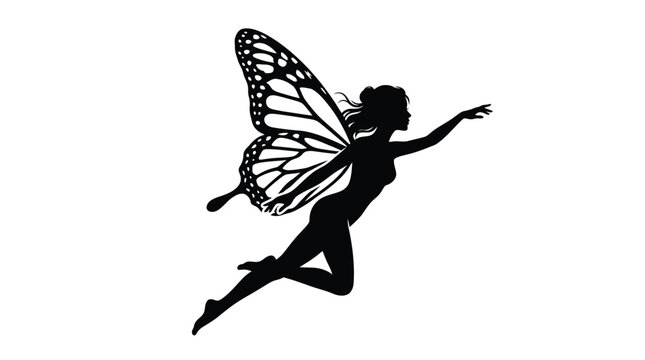 Elegant fairy silhouette illustration featuring delicate butterfly wings crafted in a bold clean black vector style