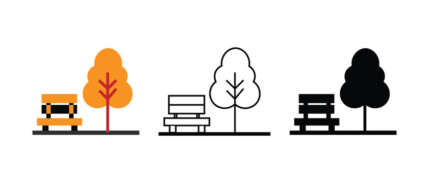 Icon set featuring park bench and tree illustrations shown in colorful flat design linear outline style and solid black silhouette for outdoor environment maps.