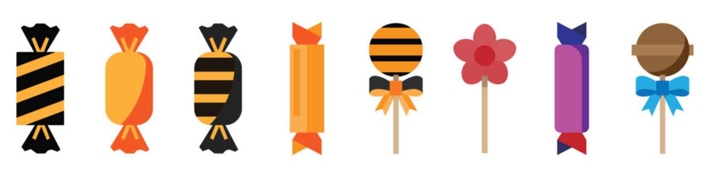 Candy collection. candies featuring wrapped sweets and lollipops in festive orange black purple and pink colors adorned with stripes and bows for a sweet celebration.
