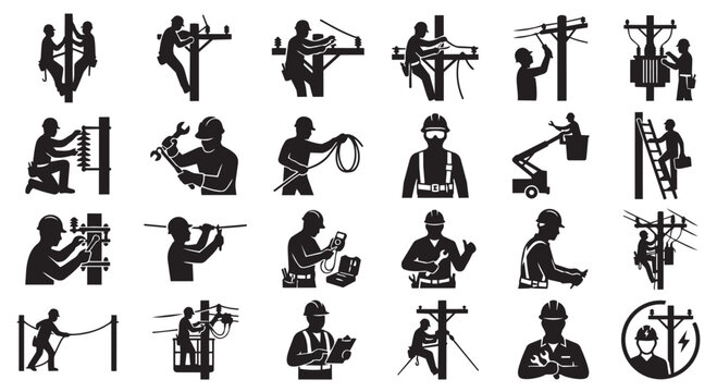 Lineman and electrician worker icons set silhouette symbols of power line repair and maintenance with icon set