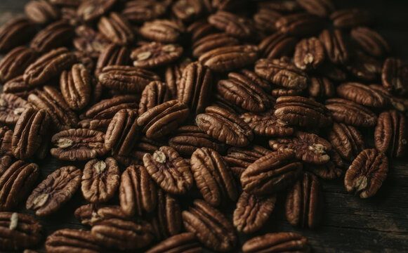 Fresh raw shelled pecan nuts scattered on a rustic wooden table background, healthy plant-based snack and baking ingredient food concept