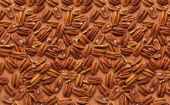 Top view flat lay composition of shelled pecan nuts arranged neatly on a solid brown background, creating a natural texture pattern perfect for healthy food and autumn baking concepts.