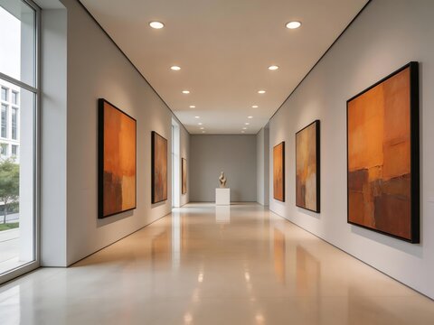 Modern art gallery hallway with abstract orange paintings recessed lighting and polished floor reflecting light