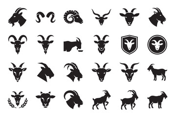 Obraz premium Set of goat and ram silhouette icons and emblems in various poses with animal silhouette goat head livestock