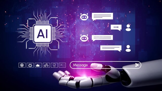 Futuristic AI Technology Concept with Robotic Hand, Digital Interface, Messaging Icons, and Circuit Background for Modern Communication. Entropy.