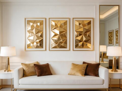 Modern living room with white sofa gold geometric wall art and matching lamps