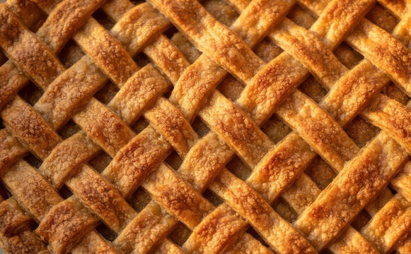 Freshly baked homemade apple pie with golden brown flaky lattice crust close up macro food photography background