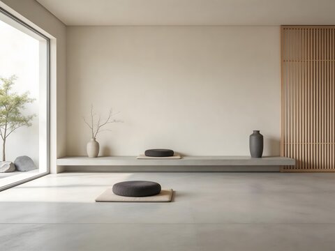 Minimalist Japanese-style interior with tatami mat zafu cushion floating shelf and wooden slat screen near large window