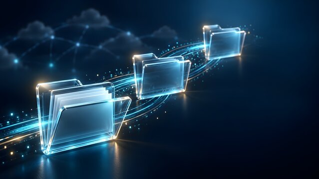 Flying glass document folders travelling along glowing data streams toward a digital cloud network representing wireless data archiving