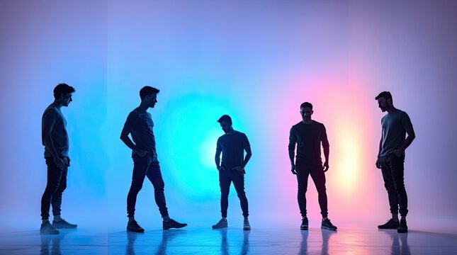 Five individuals engage in a creative setting their silhouettes illuminated by dramatic colorful lights against a vibrant backdrop