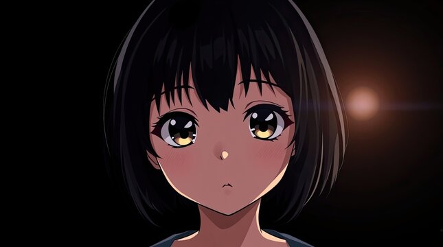 Young girl with medium length black hair gazes intensely with large expressive eyes against a dark background reflecting deep emotions in this animated artwork