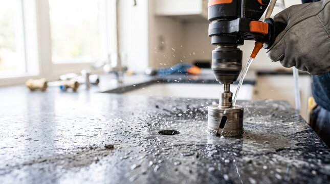 Professional drilling granite countertop with wet core drill for kitchen remodeling project