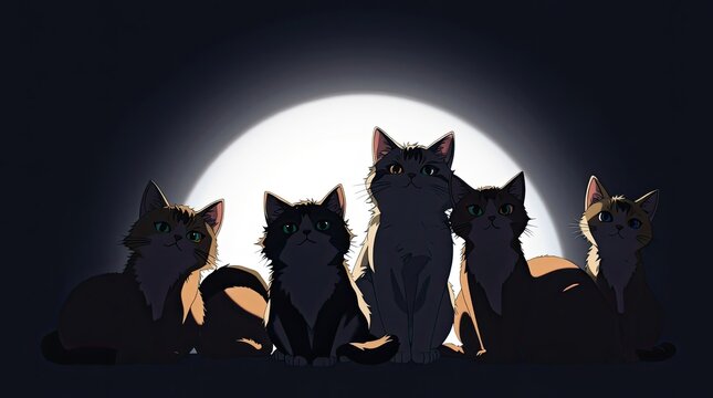 Five cats sit together in a calm evening atmosphere their silhouettes illuminated by a glowing moon creating a peaceful and enchanting ambiance
