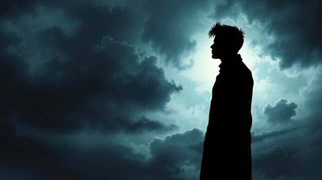 A person in a long coat stands silhouetted against a dramatic night sky filled with dark clouds illuminated by the light of the moon