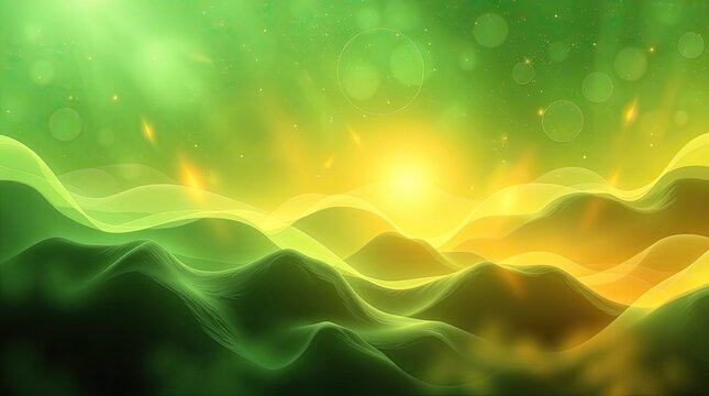 Flowing waves of green and yellow create a vibrant abstract landscape under a bright sun rising in a colorful sky at dawn evoking a sense of serenity