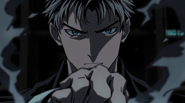 A character with striking blue eyes shows determination clenching a fist in a tense moment of action within a dark shadowy environment