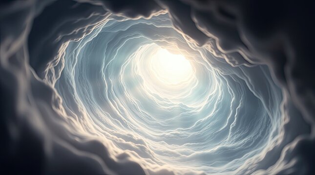 Swirling clouds form a circular pattern with a bright light at the center during daylight creating an ethereal and mesmerizing atmosphere