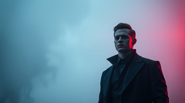 A man exudes confidence while standing under dramatic red and blue lighting creating a mysterious ambiance in a cool moody atmosphere at night
