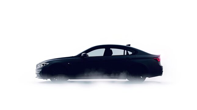 Dark car silhouette reveals its sleek contours while mist curls around its base showcasing a stylish design in a mysterious early morning setting