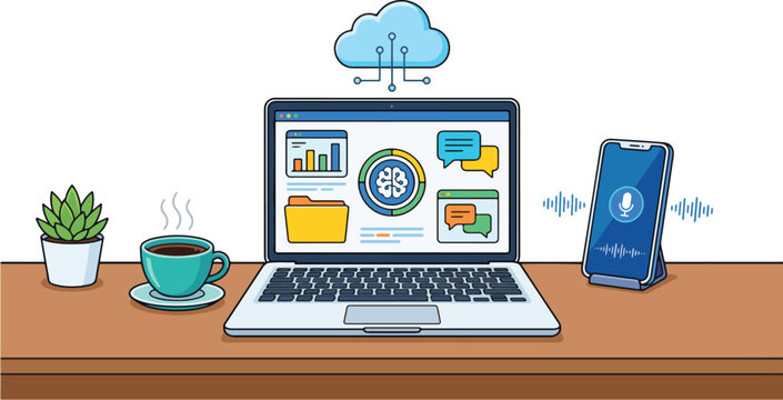 Modern digital workspace illustration with laptop computer smartphone and cloud storage data management symbols on desk 313