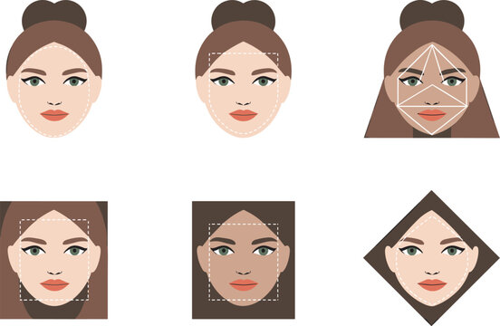 Female Face Shapes Flat Vector Icon Set Illustrating Different Facial Proportions Like Oval Square Round and Diamond Types for Makeup Cosmetology Graphic Designs