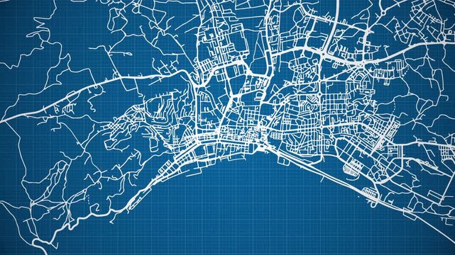 Ink reveal animation of Set&uacute;bal city, Portugal, grid map. Aerial top view. Blueprint style. White lines with blue background. 4K Seamless loop.