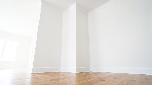 Clean empty room corner with freshly painted white walls and gleaming hardwood floors