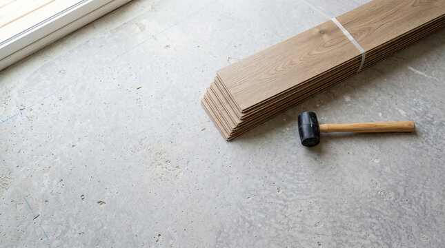 LVP Flooring Planks and Rubber Mallet on Concrete Subfloor Ready for Installation