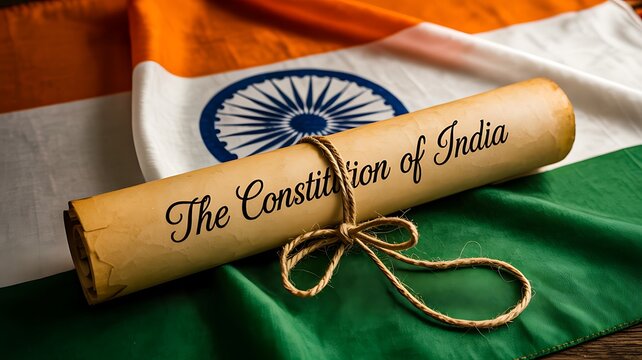 Indian constitution scroll displayed with national flag representing law and democracy