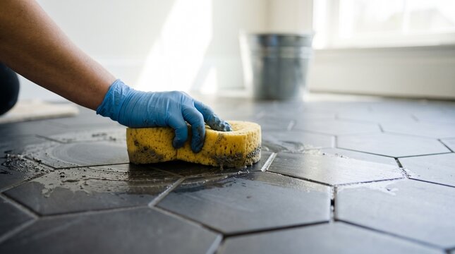 Gloved Hand Wiping Excess Grout from Newly Laid Hexagonal Tile Floor During Installation