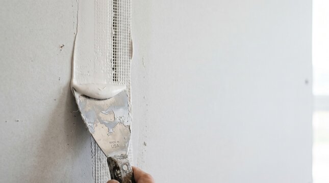 Skilled hand applying joint compound over mesh drywall tape with putty knife for finishing