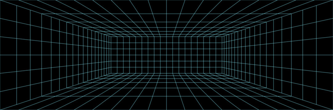 Line grid bg with 3d floor perspective, abstract game space. Digital retro wireframe of square mesh room, vector frame texture. Neon box for dimension net cube. Cyber metaverse technology depth vr