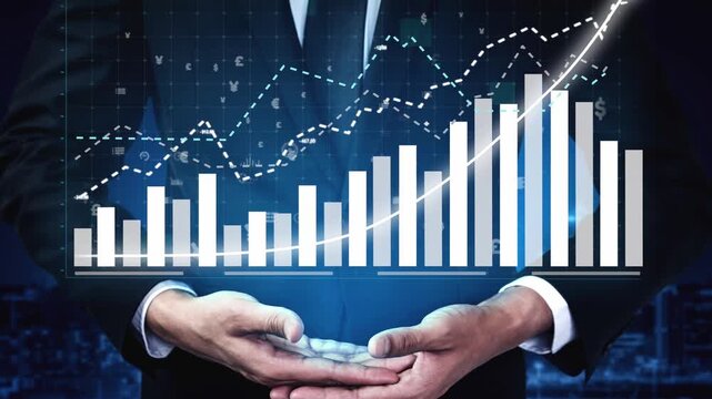 A businessman in a suit presents a bar graph that shows an upward trend, symbolizing financial growth and success. The digital background reinforces business analytics themes. Copula