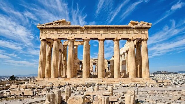 Ancient Greek Columns and Architecture of Parthenon Ruins in Athens