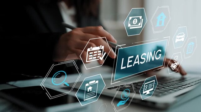 Business Professional Engaging with Leasing Technology and Digital Solutions in Modern Office Environment with Interactive Icons and Graphics. Entropy.