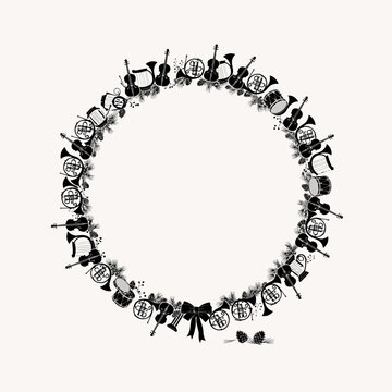 Musical instrument wreath featuring violins, horns, and drums forms a circular frame.