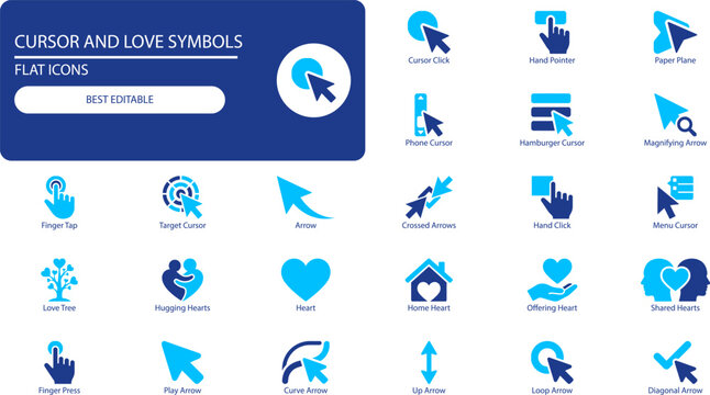 Cursor and love symbols icon set. Simple cutout vector collection of pointers, hearts, hands and arrows for UI and web design
