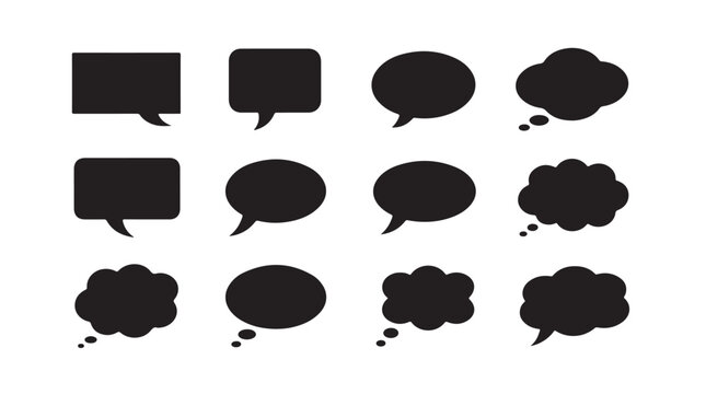 Set of black speech bubble and thought bubble vector icons for communication, chat, and dialogue interface designs.