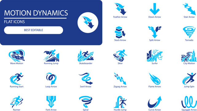 Motion dynamics icons set. Simple cutout vector symbols of arrows, swirls, runners and cyclones for energy and movement design