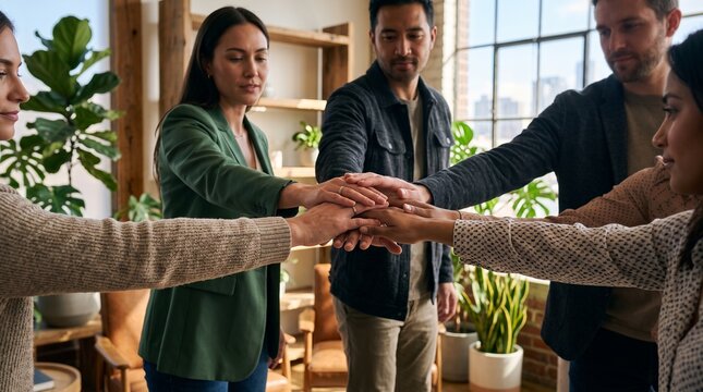 Startup Team Joining Hands Before Creative Project Launch