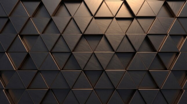Abstract 3D geometric background featuring a repeating pattern of dark metallic triangles with elegant bronze and gold highlights, creating a modern, luxurious, and high-tech textured wall surface.