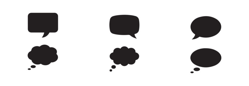 Black speech and thought bubble set in various geometric shapes for comic book dialogue and digital communication design.