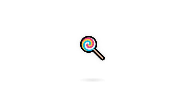 Colorful gift box opening to lollipop icon with swirled candy design and soft shadow.