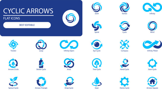 Cyclic arrows icons set. Filled vector symbols of swirls, loops, and circular motion for business and UI design